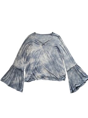 American Eagle Soft Blue Tie-Dye Wrap Bell Sleeve Top-Size Medium